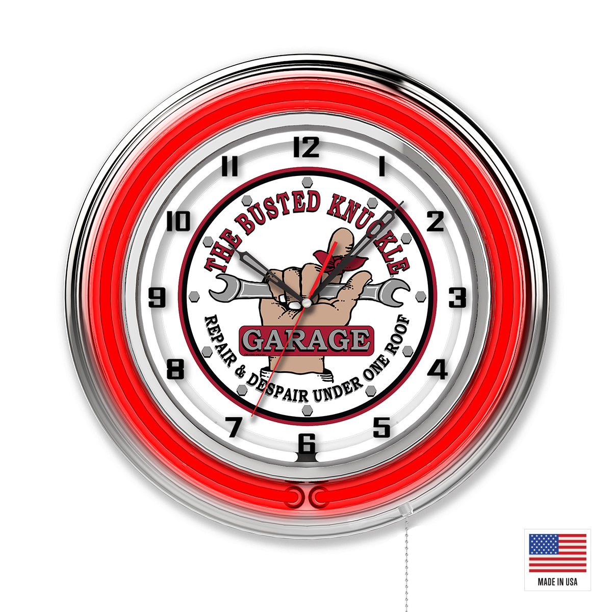 Busted Knuckle White Logo Clock - Red Neon