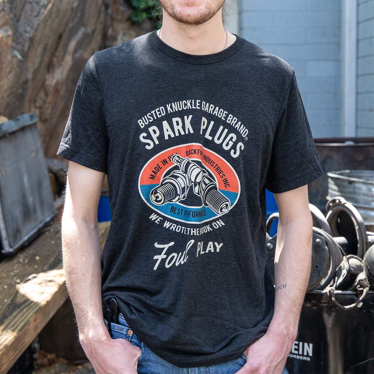 Busted Knuckle Garage Carguy Foul Play Spark Plug T-Shirt