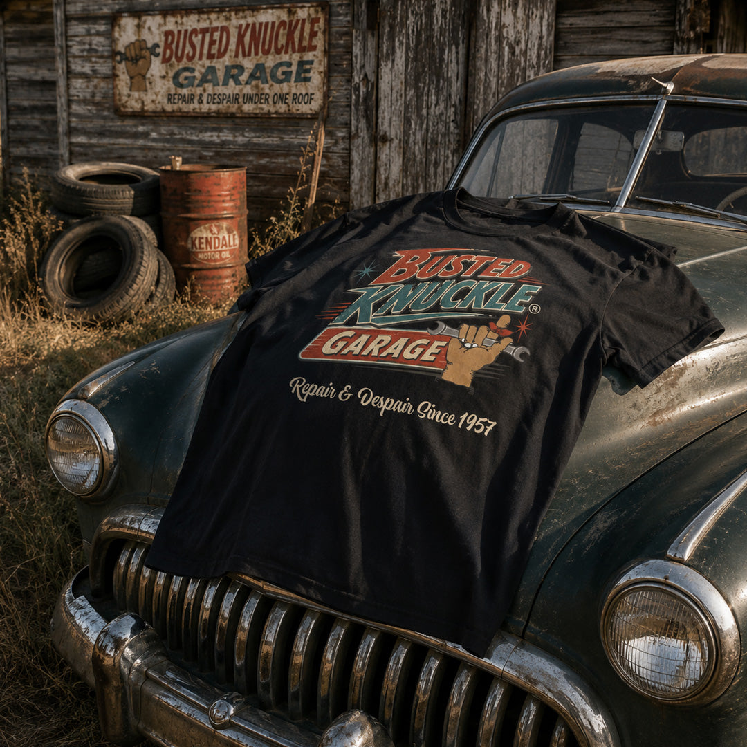 Busted Knuckle Garage Carguy 1950's Throwback Front Print T-Shirt