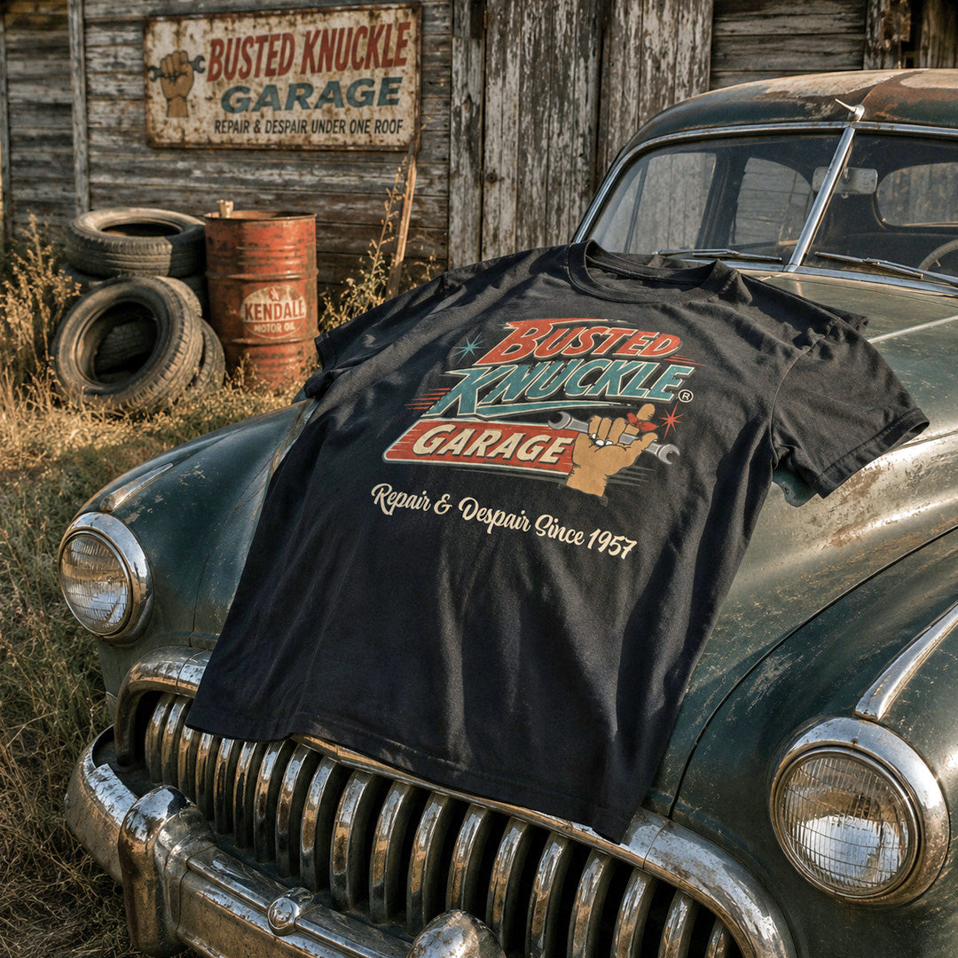 Busted Knuckle Garage Carguy 1950's Throwback Front Print T-Shirt