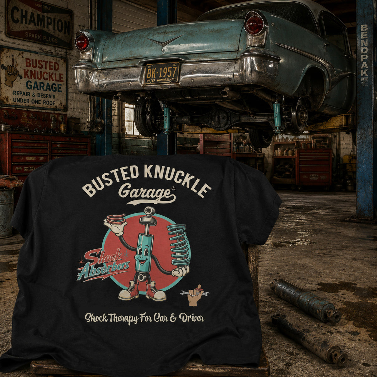 Busted Knuckle Garage Carguy Shock Absorbers Front Print T-Shirt