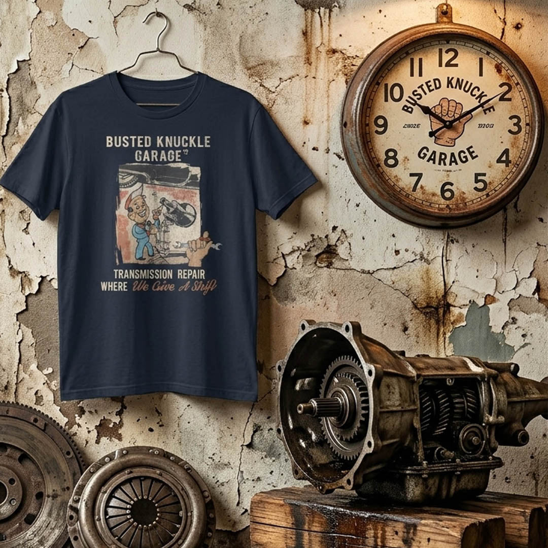 Busted Knuckle Garage Carguy Transmission Repair Front Print T-Shirt