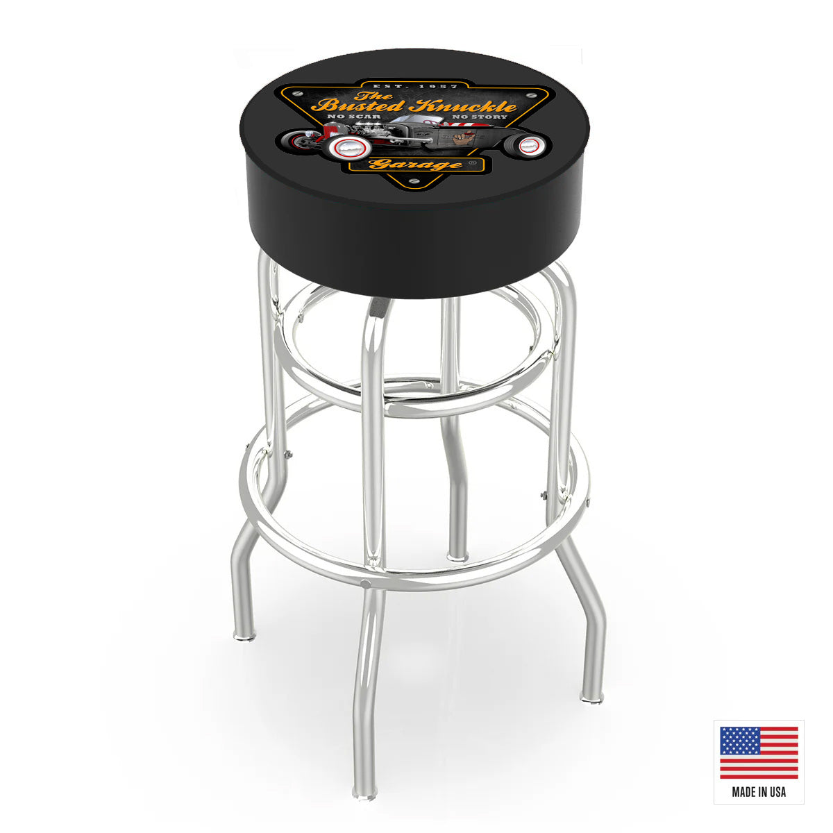 Busted Knuckle Garage Carguy Hotrod Roadster Shop Barstool _ Black Version