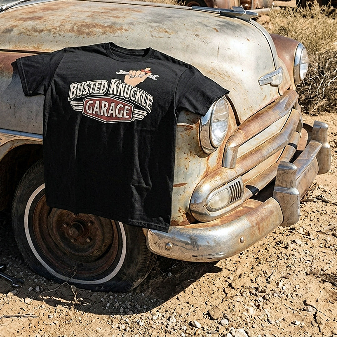 Busted Knuckle Garage Carguy Retro Mechanic Front Print T-Shirt
