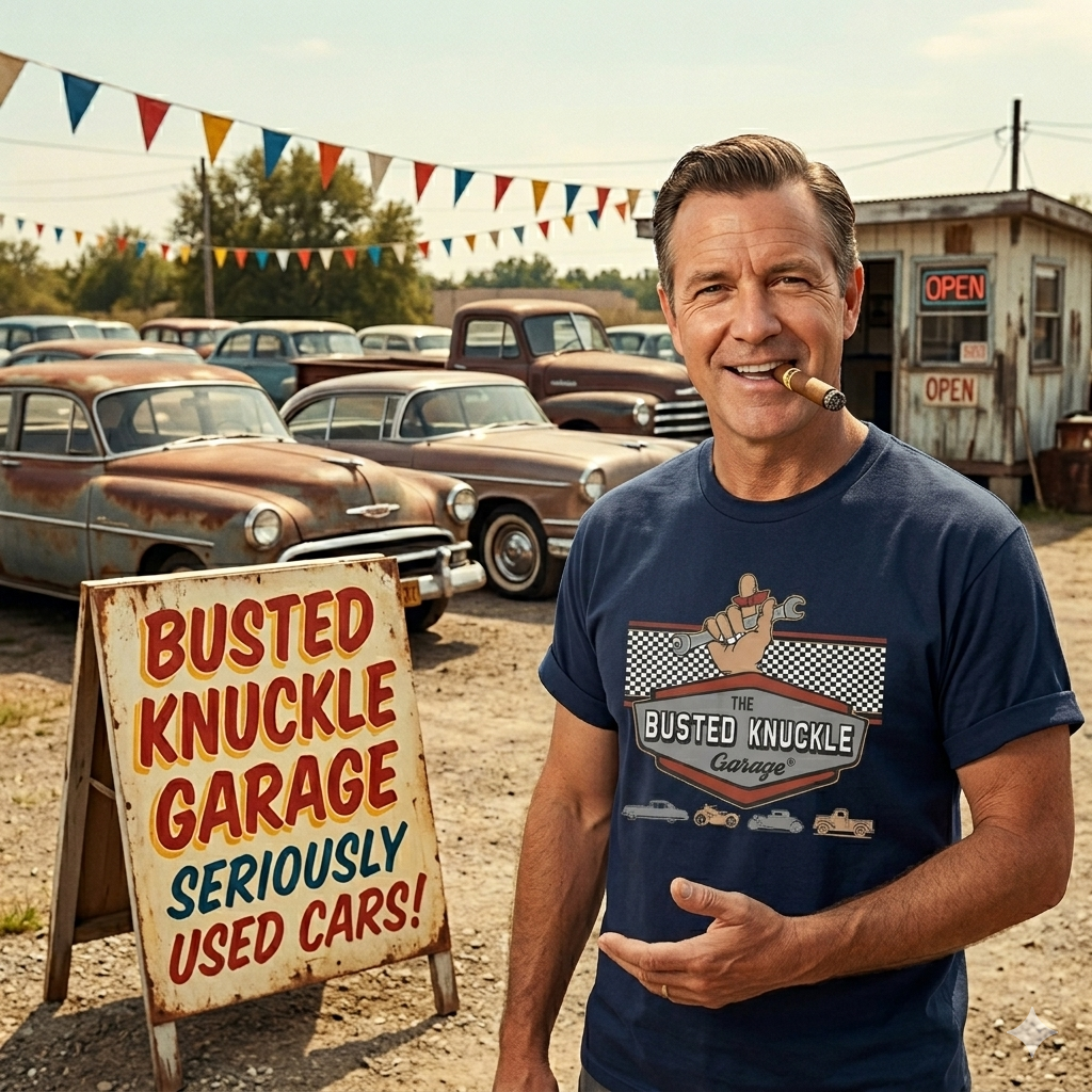 Busted Knuckle Garage Carguy Deals On Wheels Front Print T-Shirt