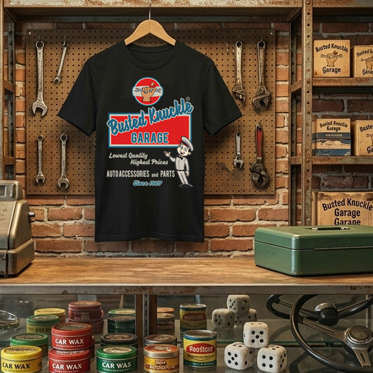 Busted Knuckle Garage Carguy Auto Parts Front Print T-Shirt