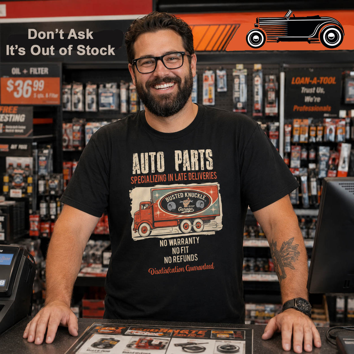 Busted Knuckle Garage Carguy Late Delivery Auto Parts Front Print T-Shirt