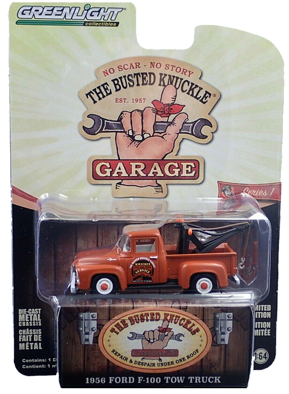 Busted Knuckle Garage Tow Truck Guy 1:64 Scale 1956 Ford Tow Truck Collectible