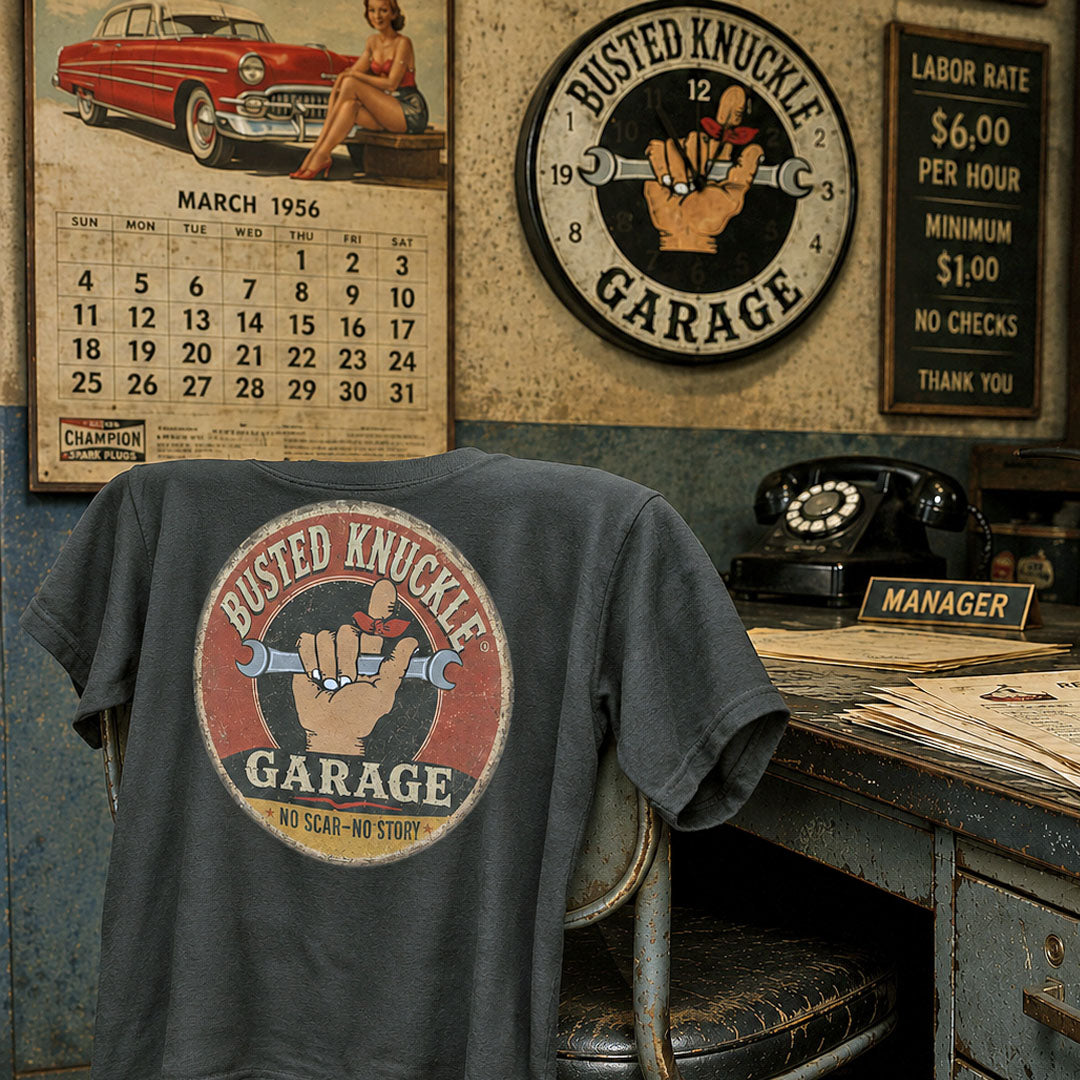 Busted Knuckle Garage Carguy Vintage Logo Front Print T-Shirt