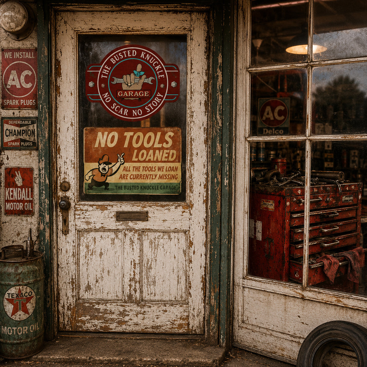 Busted Knuckle Garage NO TOOLS LOANED Metal Shop Sign