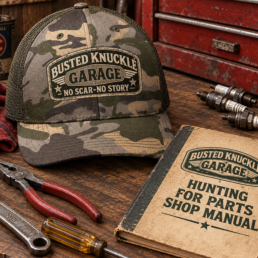 Busted Knuckle Garage Carguy Mechanic Camo Trucker Cap