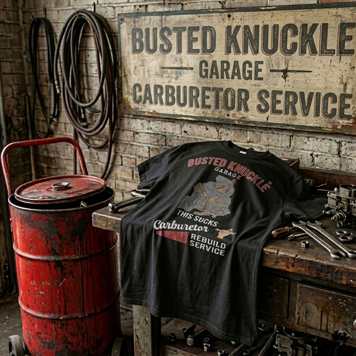 Busted Knuckle Garage Carguy Carburetor Rebuild Front Print T-Shirt