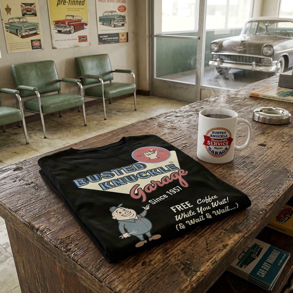 Busted Knuckle Garage Carguy Free Shop Coffee Front Print T-Shirt