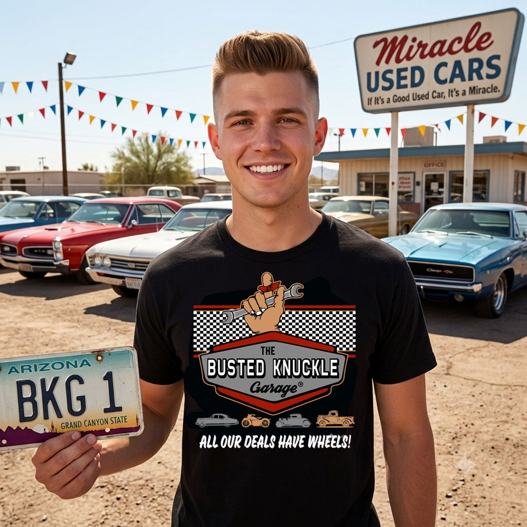 Busted Knuckle Garage Carguy Deals On Wheels Front Print T-Shirt
