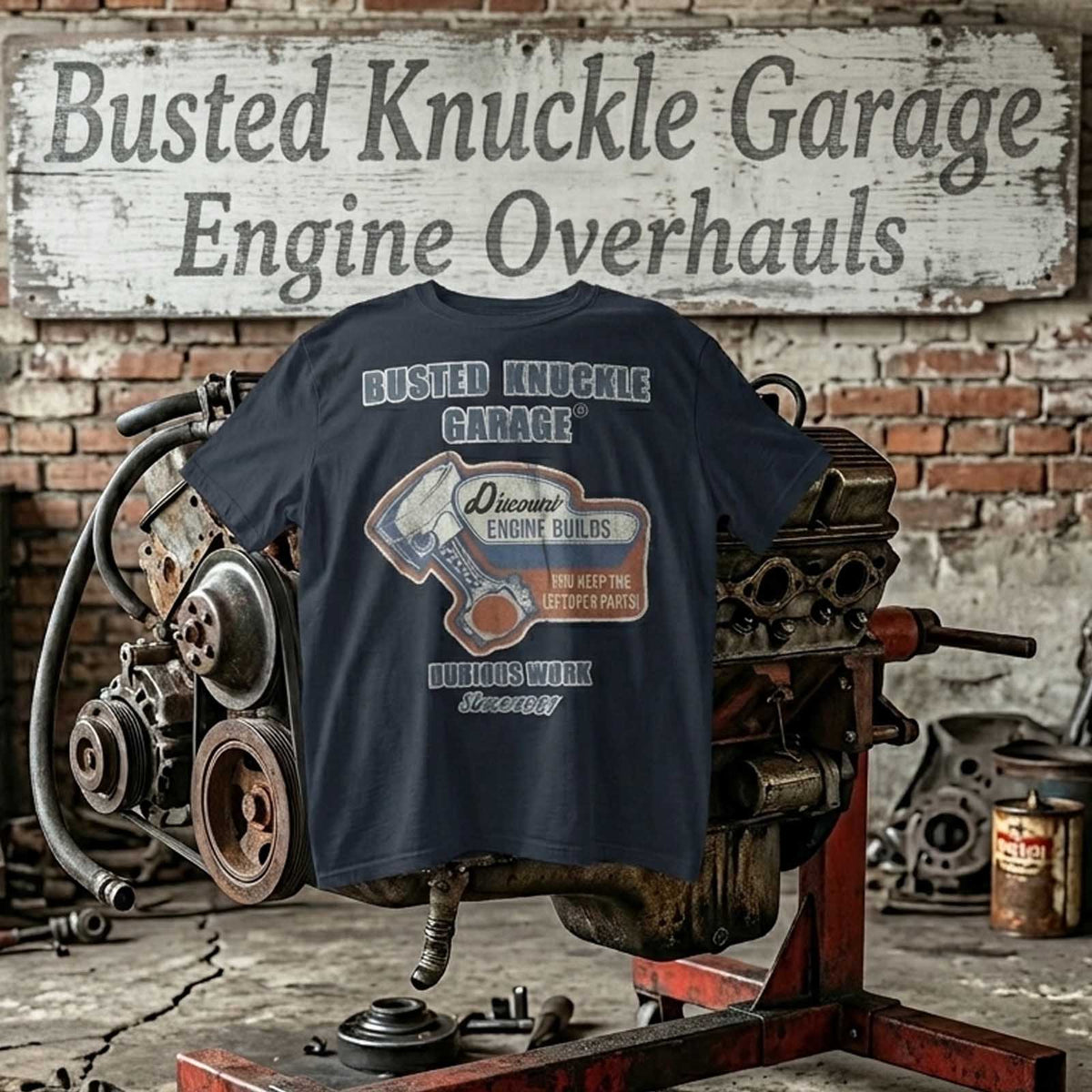 Busted Knuckle Garage Carguy Bad Engine Build Front Print T-Shirt