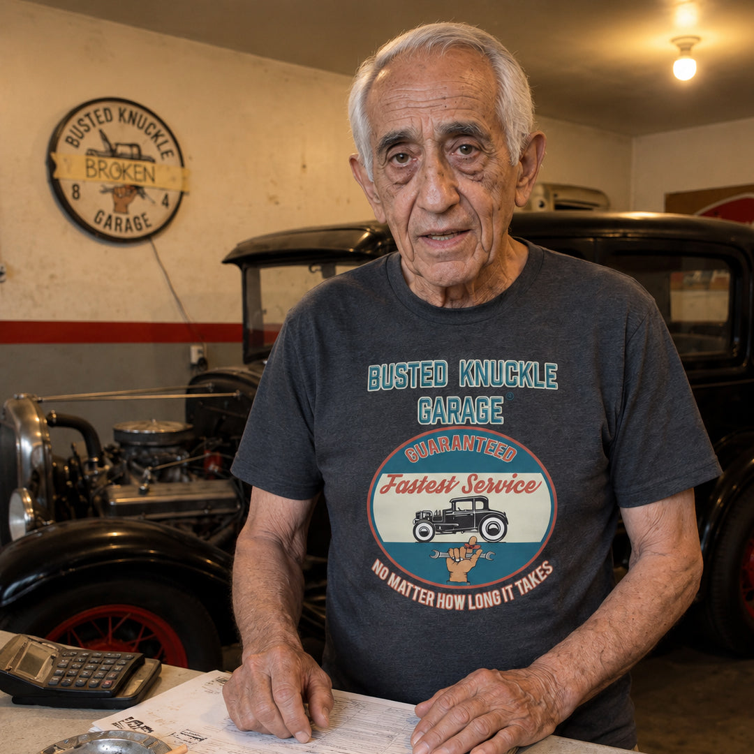 Busted Knuckle Garage Carguy Fastest Service Front Print T-Shirt