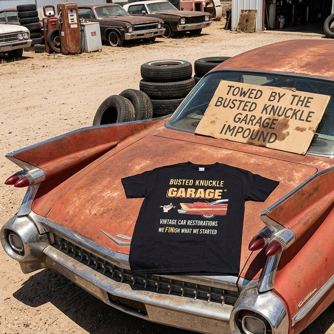 Busted Knuckle Garage Carguy Vintage Auto Restorations Front Print T-Shirt