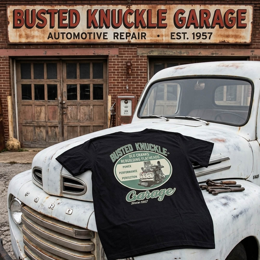 Busted Knuckle Garage Carguy Flathead Engine Rebuilds Front Print T-Shirt