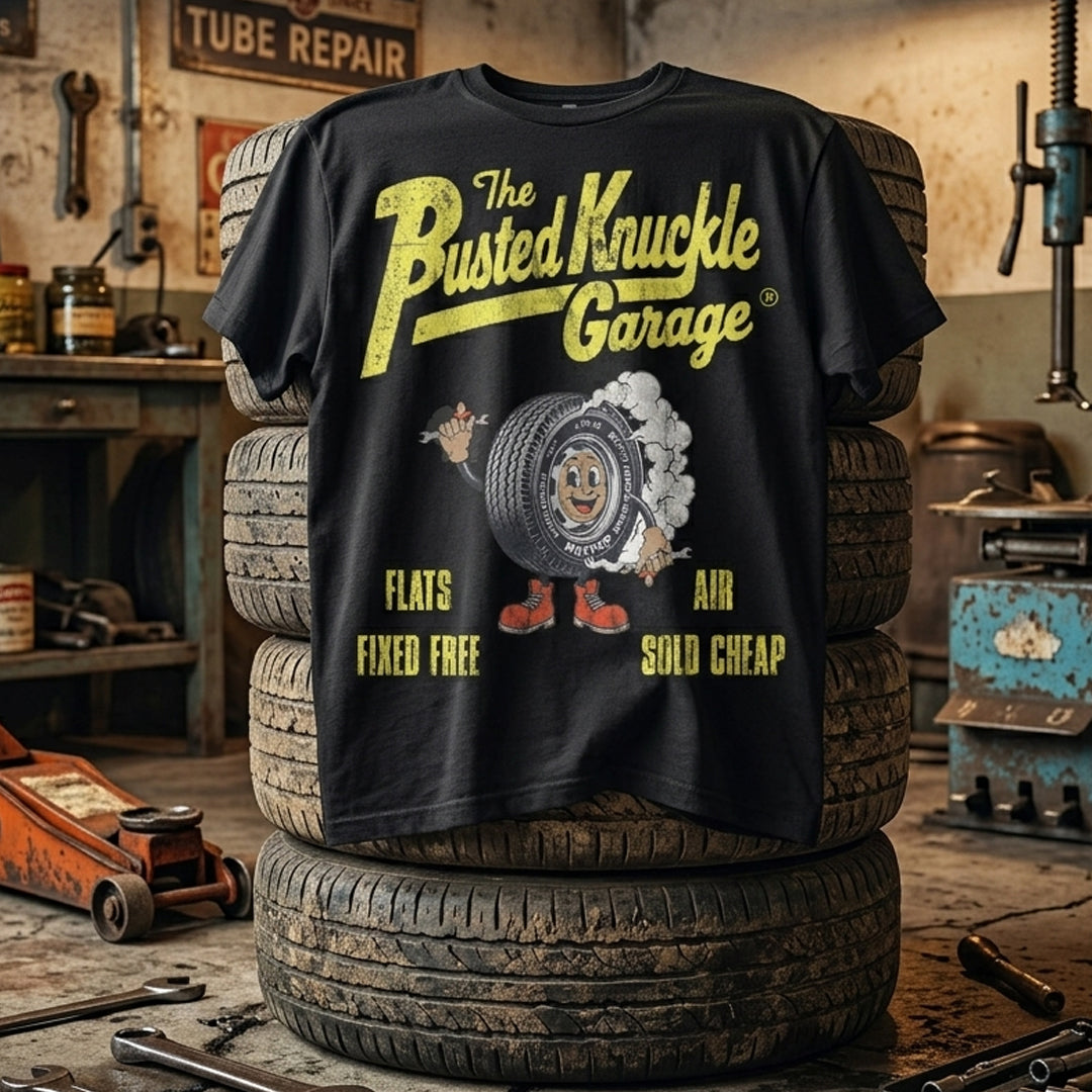 Busted Knuckle Garage Carguy Flats Fixed Free Front Print T-Shirt