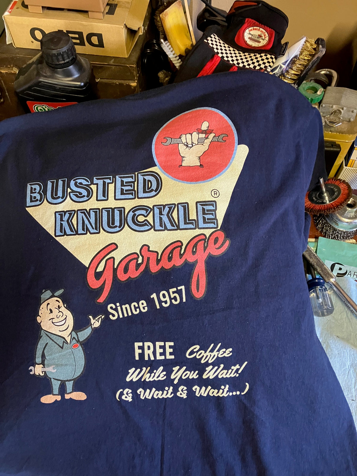 Busted Knuckle Garage Carguy &quot;Free Shop Coffee&quot; Two-Sided T-Shirt