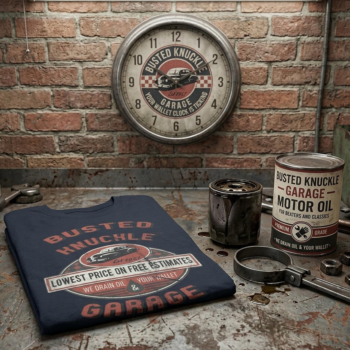 Busted Knuckle Garage Carguy Free Estimates Front Print T-Shirt