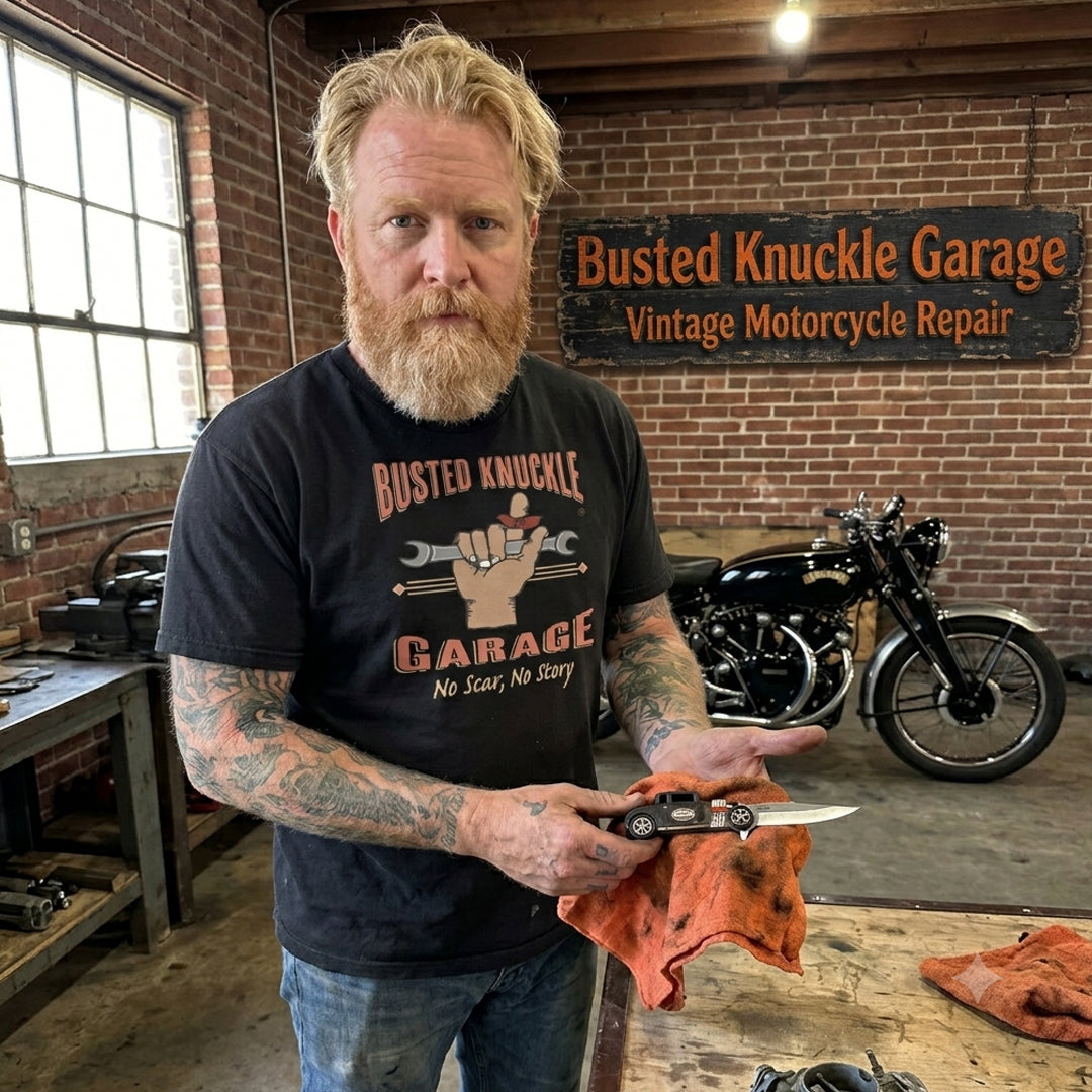 Busted Knuckle Garage Carguy NO SCAR, NO STORY Front Print T-Shirt Version 2