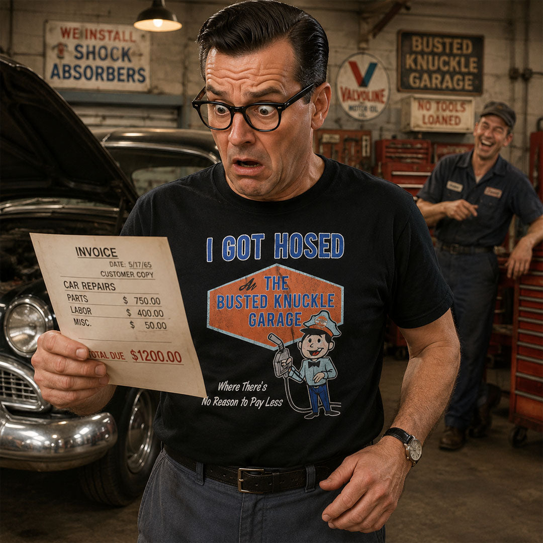 Busted Knuckle Garage Carguy "Got Hosed" Front Print T-Shirt
