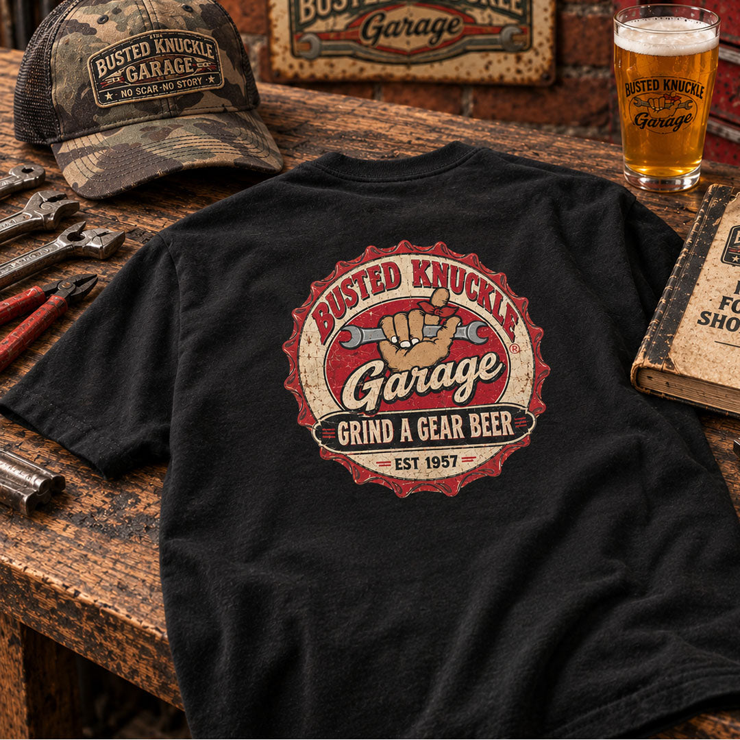 Busted Knuckle Garage Carguy Beer Bottle Cap Print T-Shirt