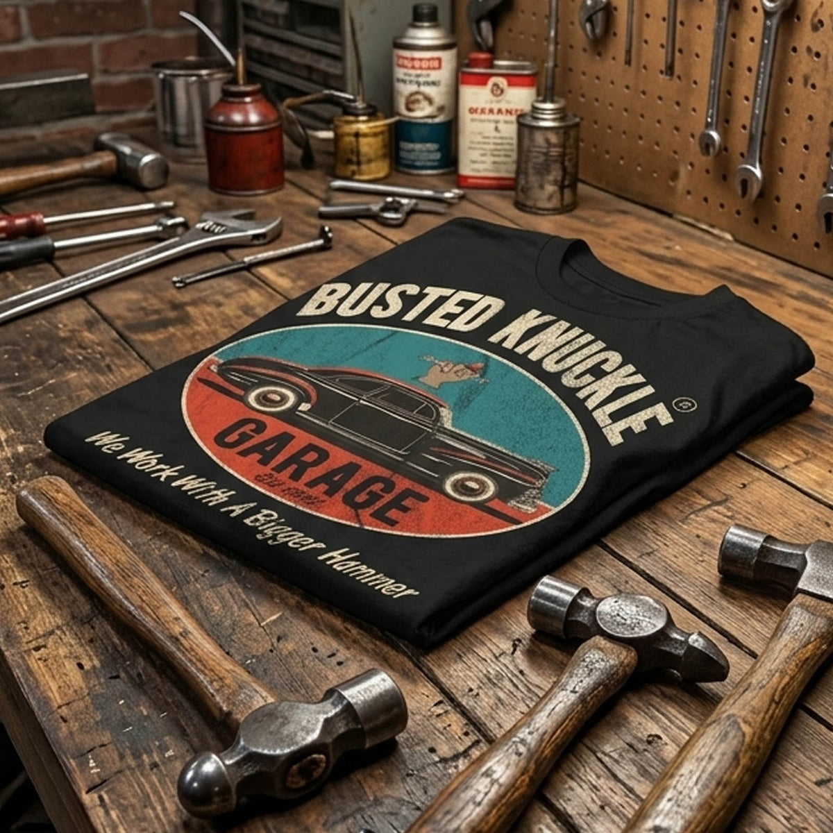 Busted Knuckle Garage Carguy Bigger Hammer Front Print T-Shirt