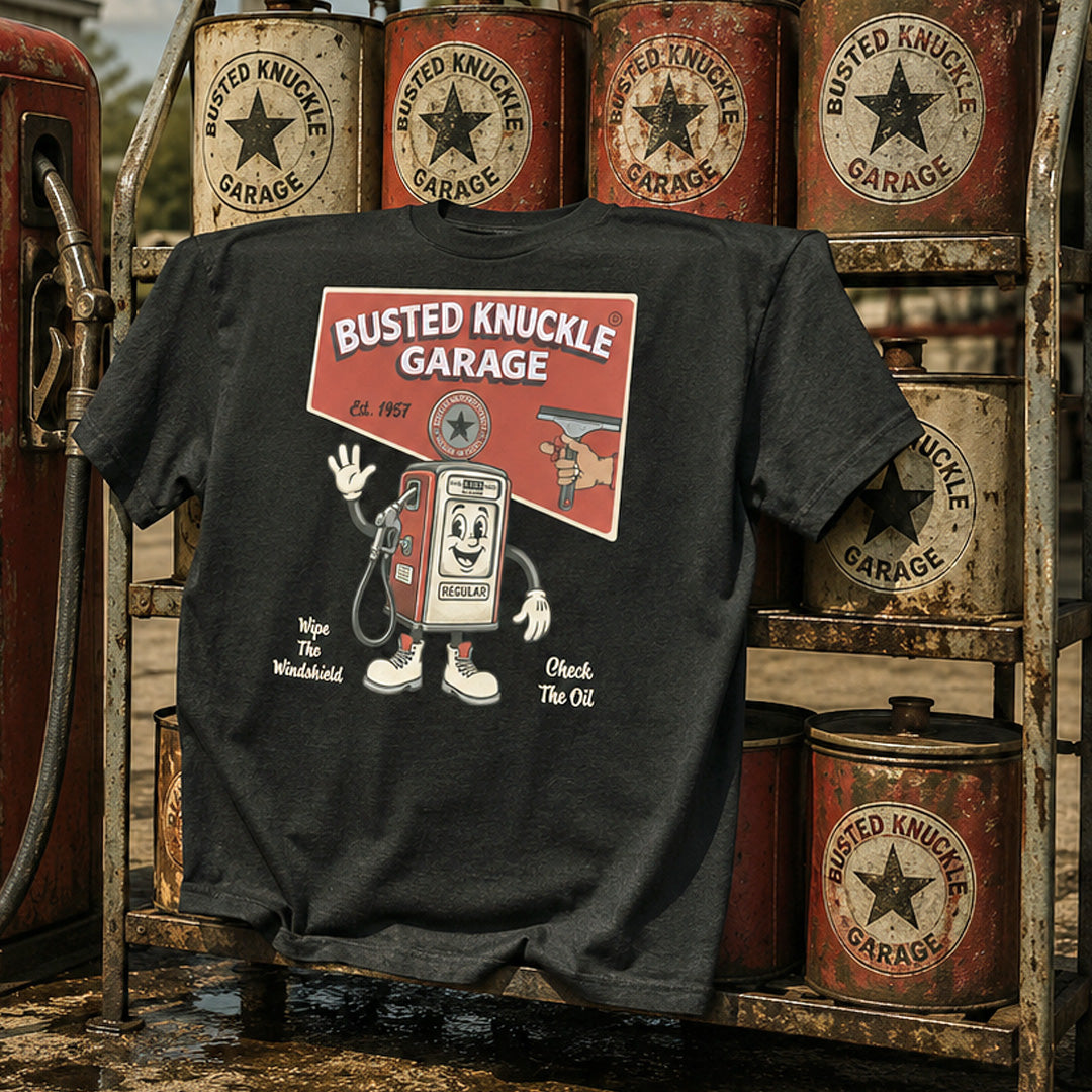 Busted Knuckle Garage Carguy Happy Gas Pump Front Print T-Shirt