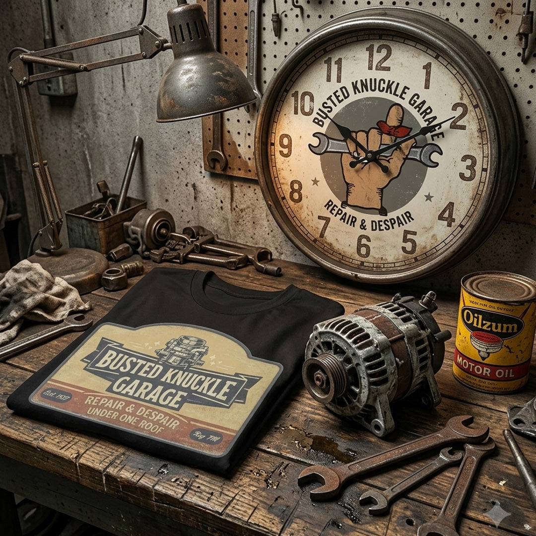 Busted Knuckle Garage Carguy Vintage Style Repair & Despair Front Print T-Shirt