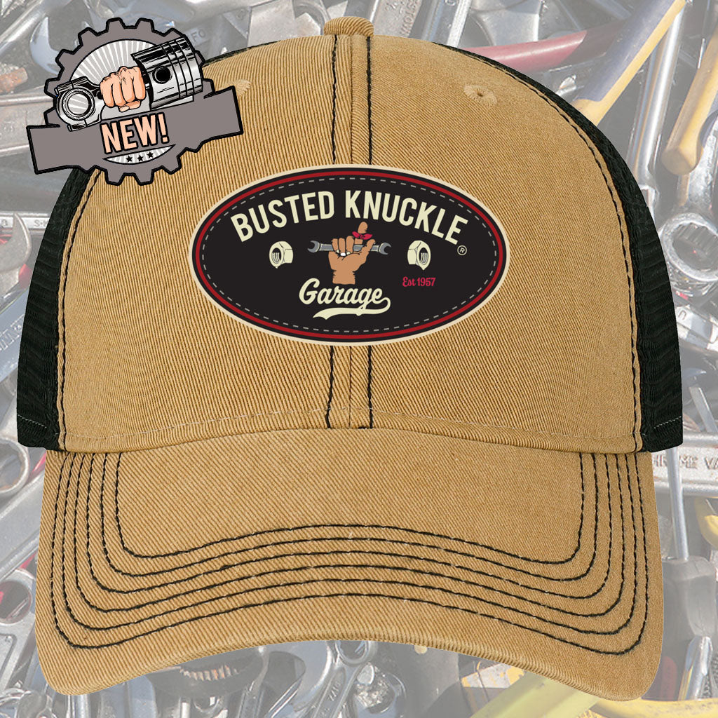Busted Knuckle Garage Car Guy Vintage Style Trucker Ball Cap / Khaki on Black