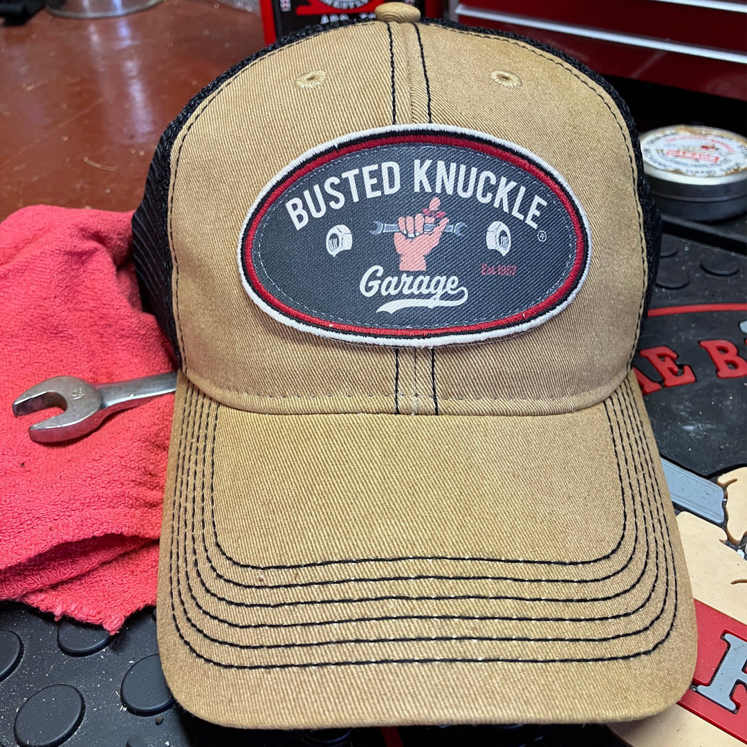 Busted Knuckle Garage Car Guy Vintage Style Trucker Ball Cap / Khaki on Black