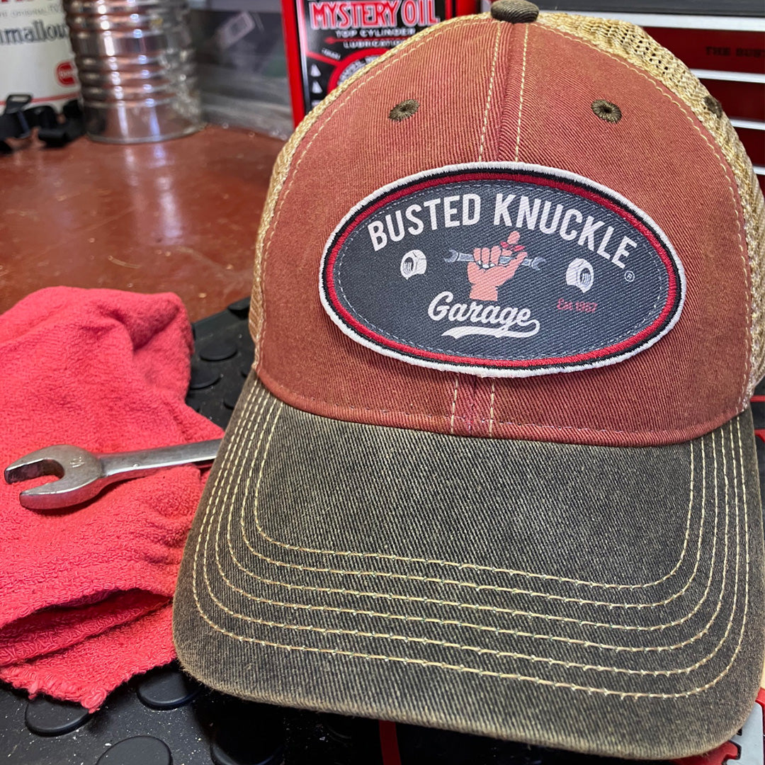 Busted Knuckle Garage Car Guy Vintage Style Trucker Ball Cap / Cardinal Red on Black