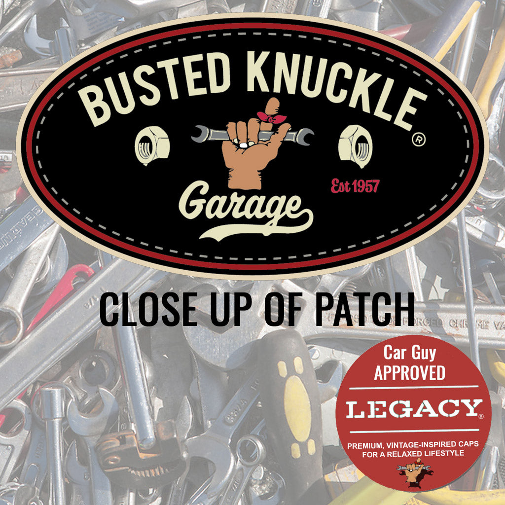 Busted Knuckle Garage Car Guy Vintage Style Trucker Ball Cap / Cardinal Red on Black