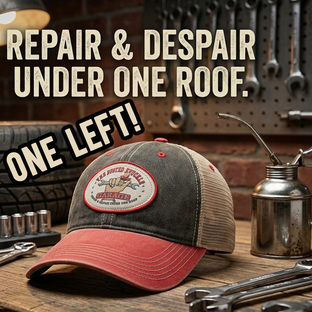 Busted Knuckle Garage Car Guy Vintage Style Trucker Ball Cap / Black on Cardinal Red