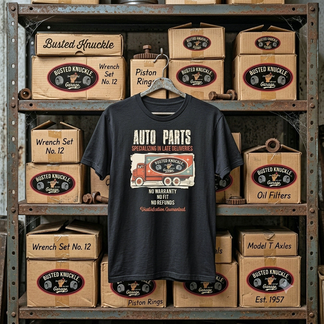 Busted Knuckle Garage Carguy Late Delivery Auto Parts Front Print T-Shirt