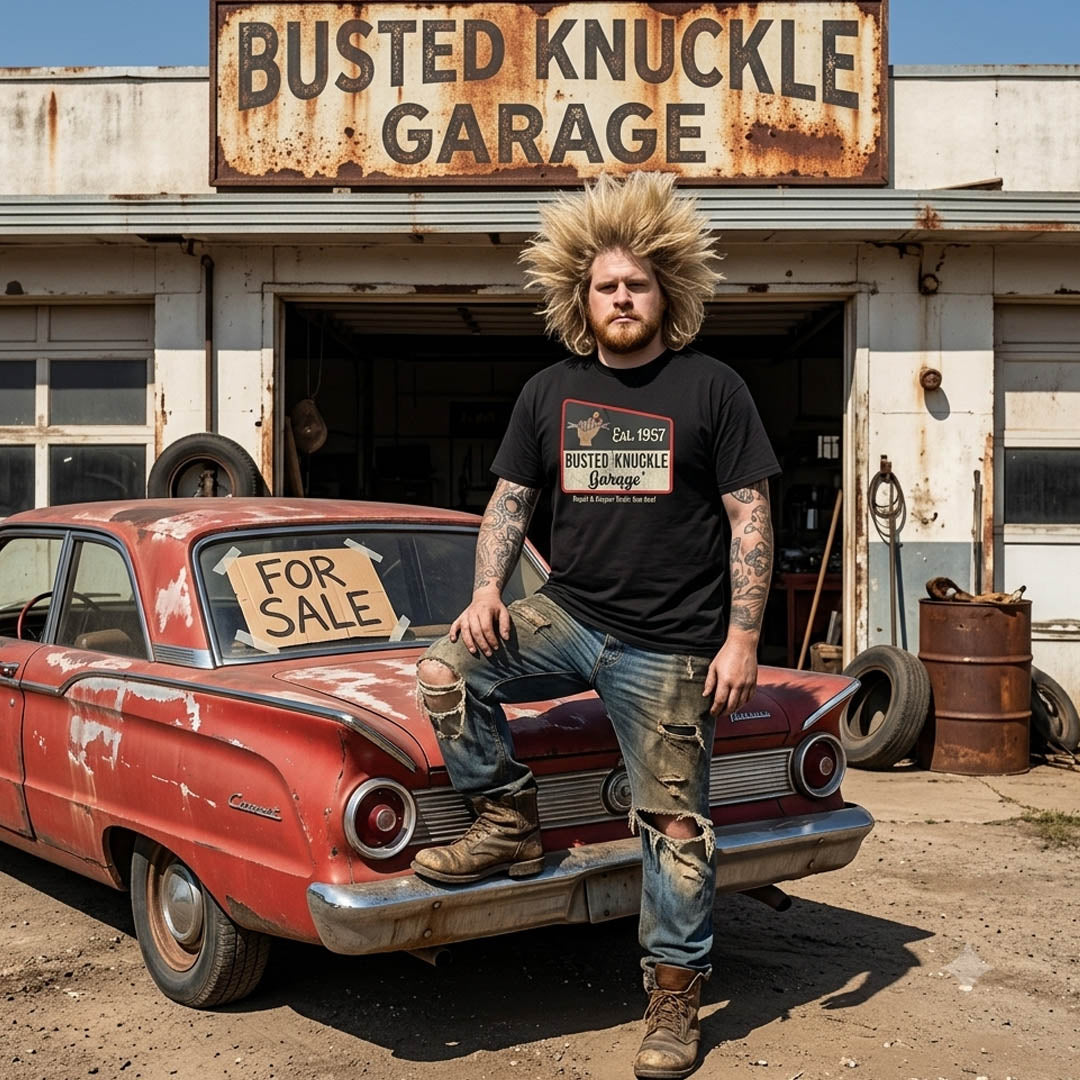 Busted Knuckle Garage Carguy Mechanic Vintage Logo Front Print T-Shirt