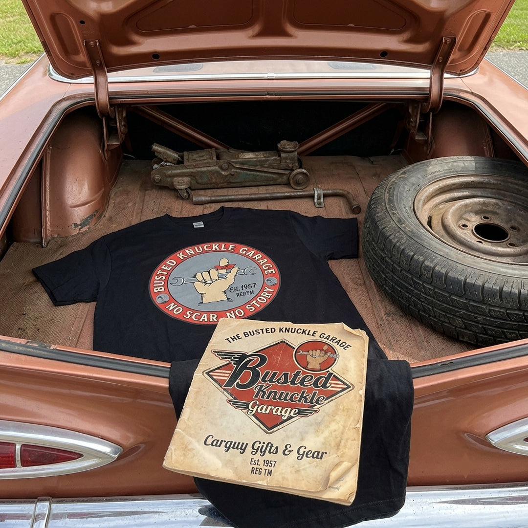 Busted Knuckle Garage Carguy NO SCAR, NO STORY Front Print T-Shirt Version 1