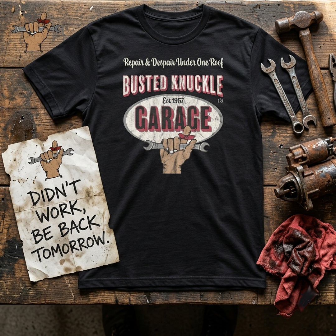 Busted Knuckle Garage Carguy Shop Mechanic Front Print T-Shirt
