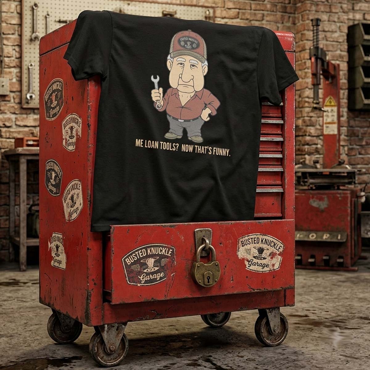 Busted Knuckle Garage Carguy I Don't Loan Tools Front Print T-Shirt