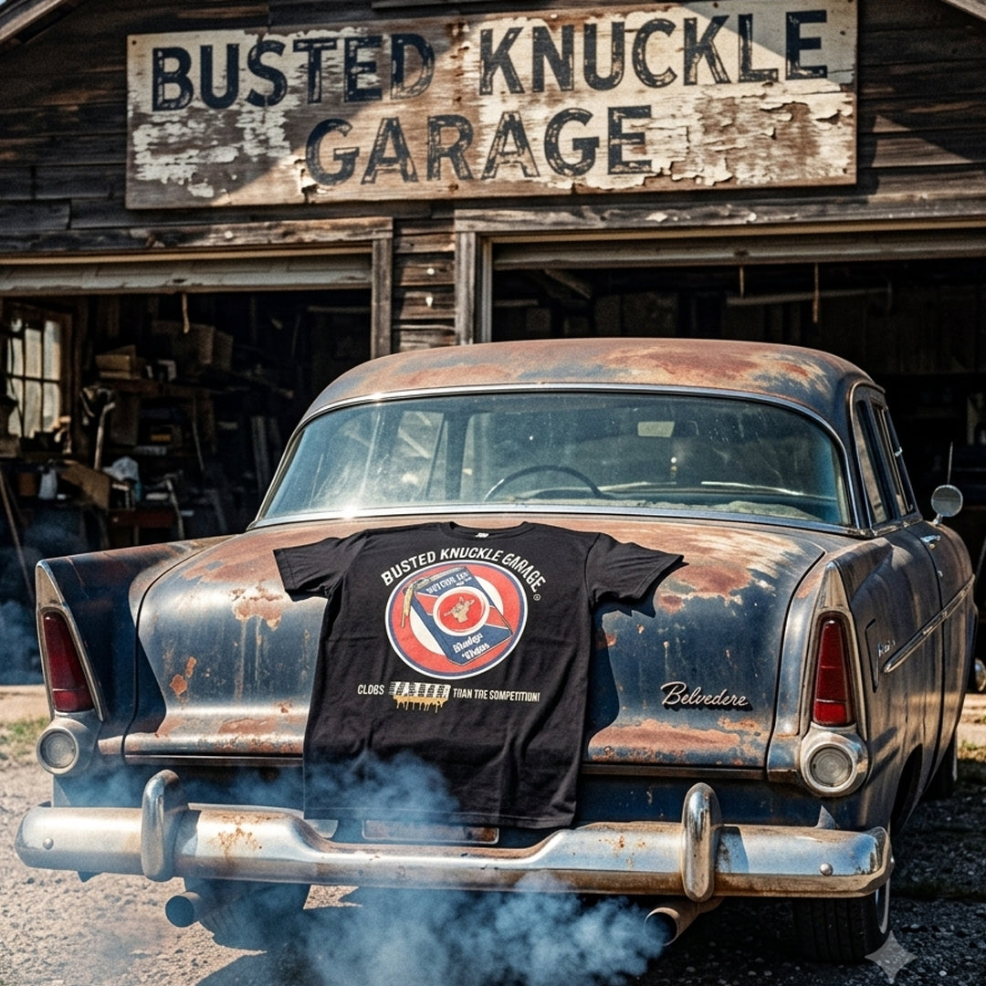 Busted Knuckle Garage Carguy Burning Motor Oil Front Print T-Shirt