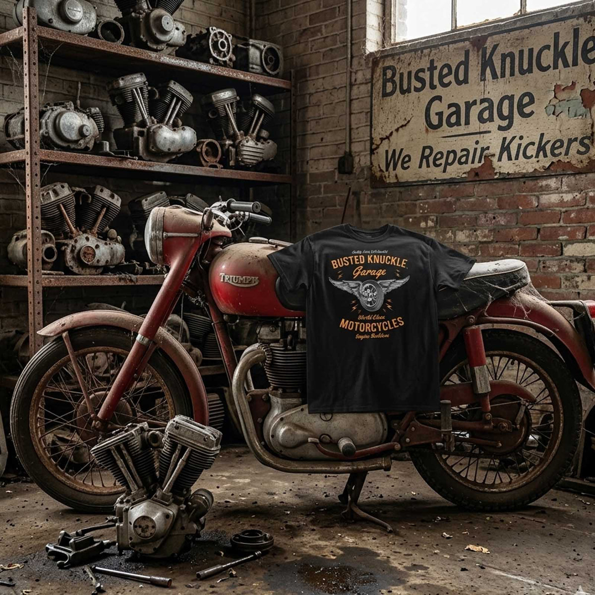 Busted Knuckle Garage Carguy Biker Motorcycle Front Print T-Shirt