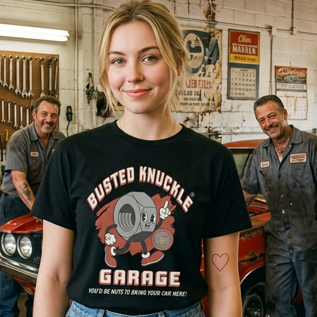 Busted Knuckle Garage Carguy Bad Car Repair Front Print T-Shirt