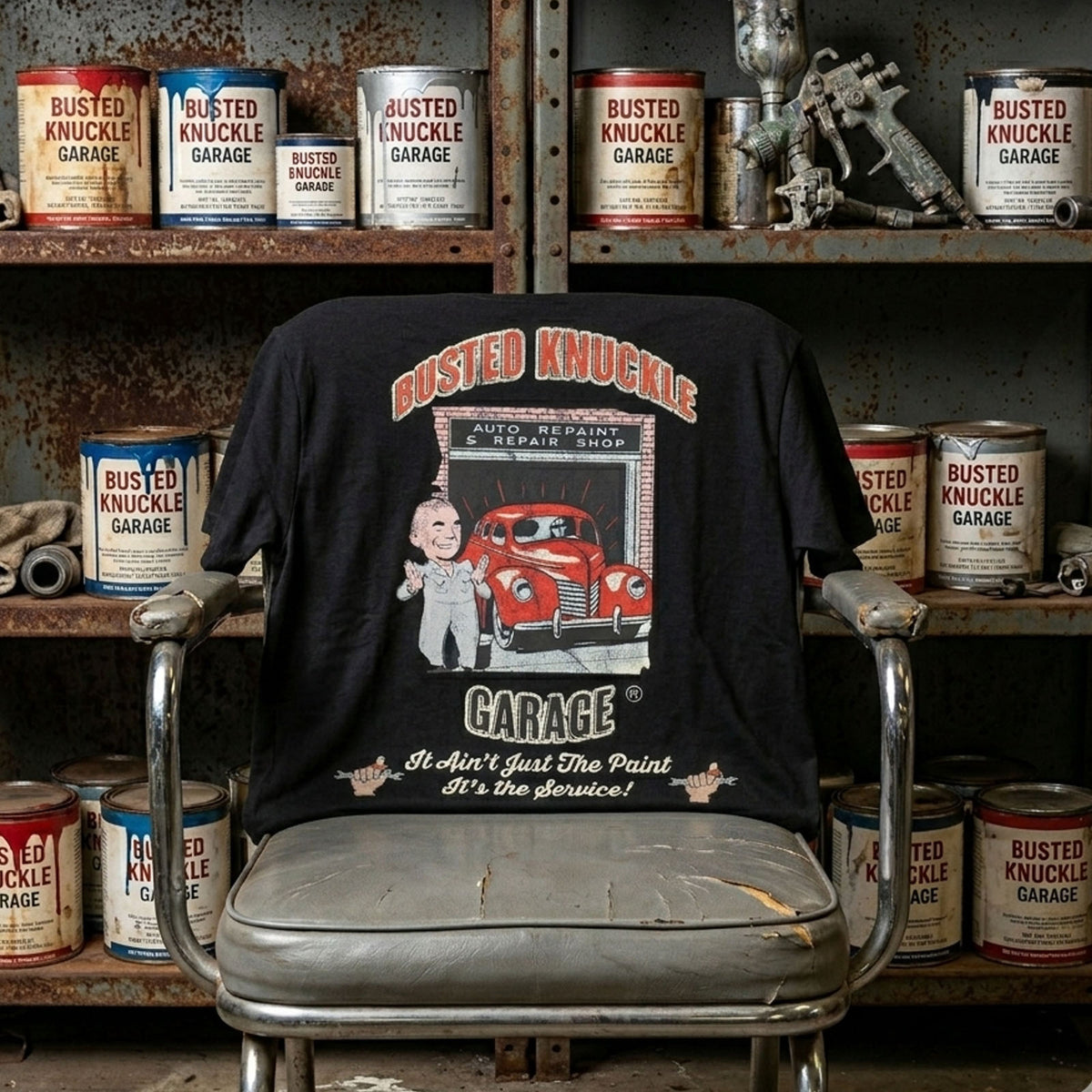 Busted Knuckle Garage Carguy Paint Shop Front Print T-Shirt