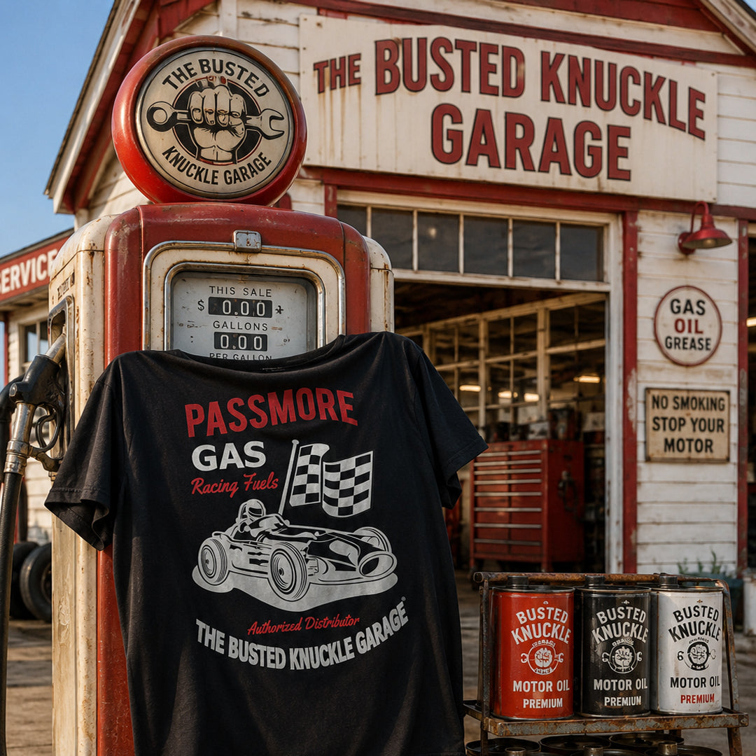Busted Knuckle Garage Carguy Passmore Gas Front Print T-Shirt