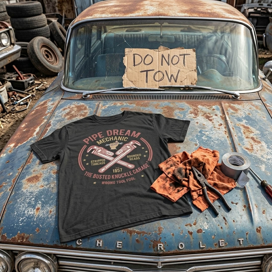 Busted Knuckle Garage Carguy Pipe Dream Mechanic Front Print T-Shirt