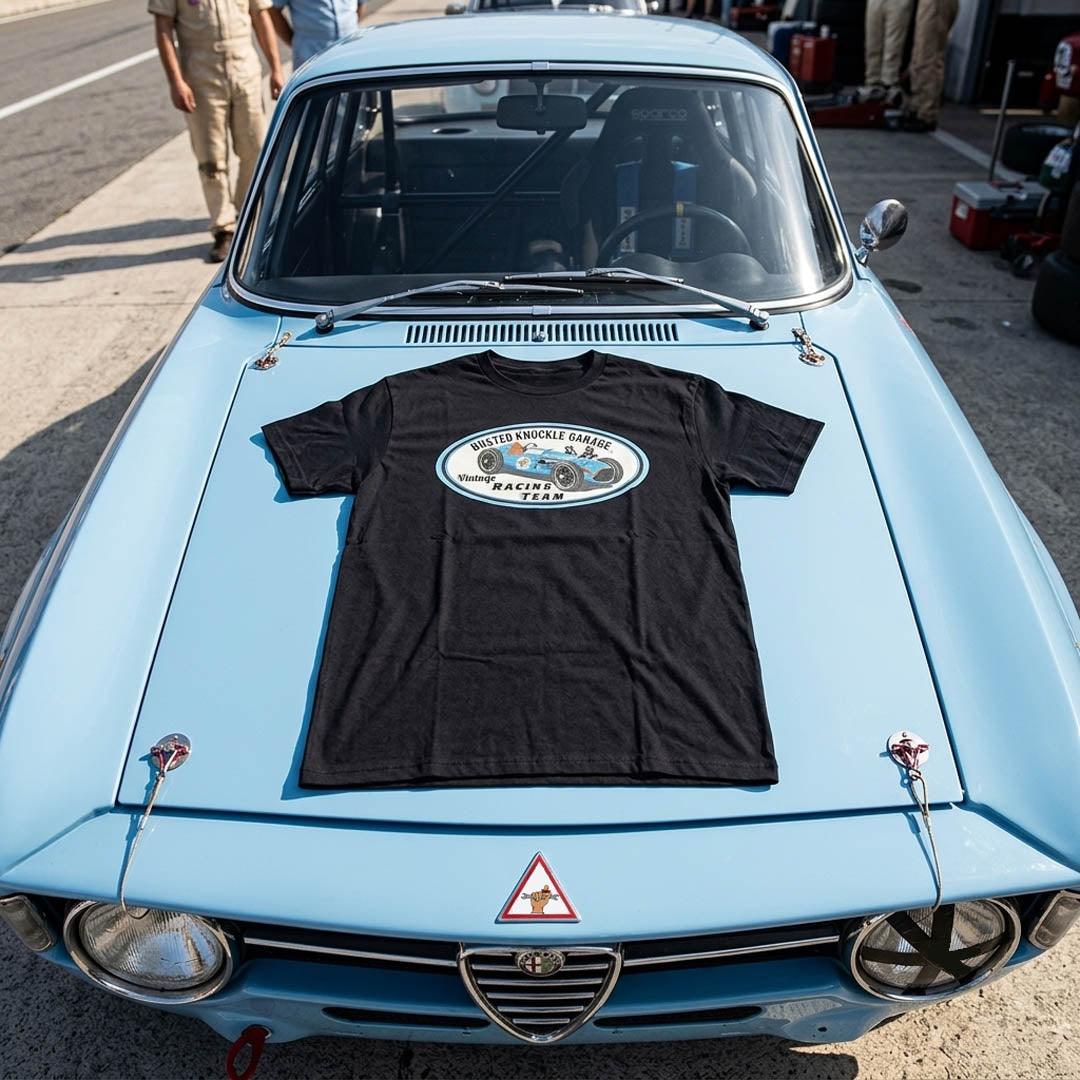 Busted Knuckle Garage Carguy Vintage Euro Racing Team Front Print T-Shirt