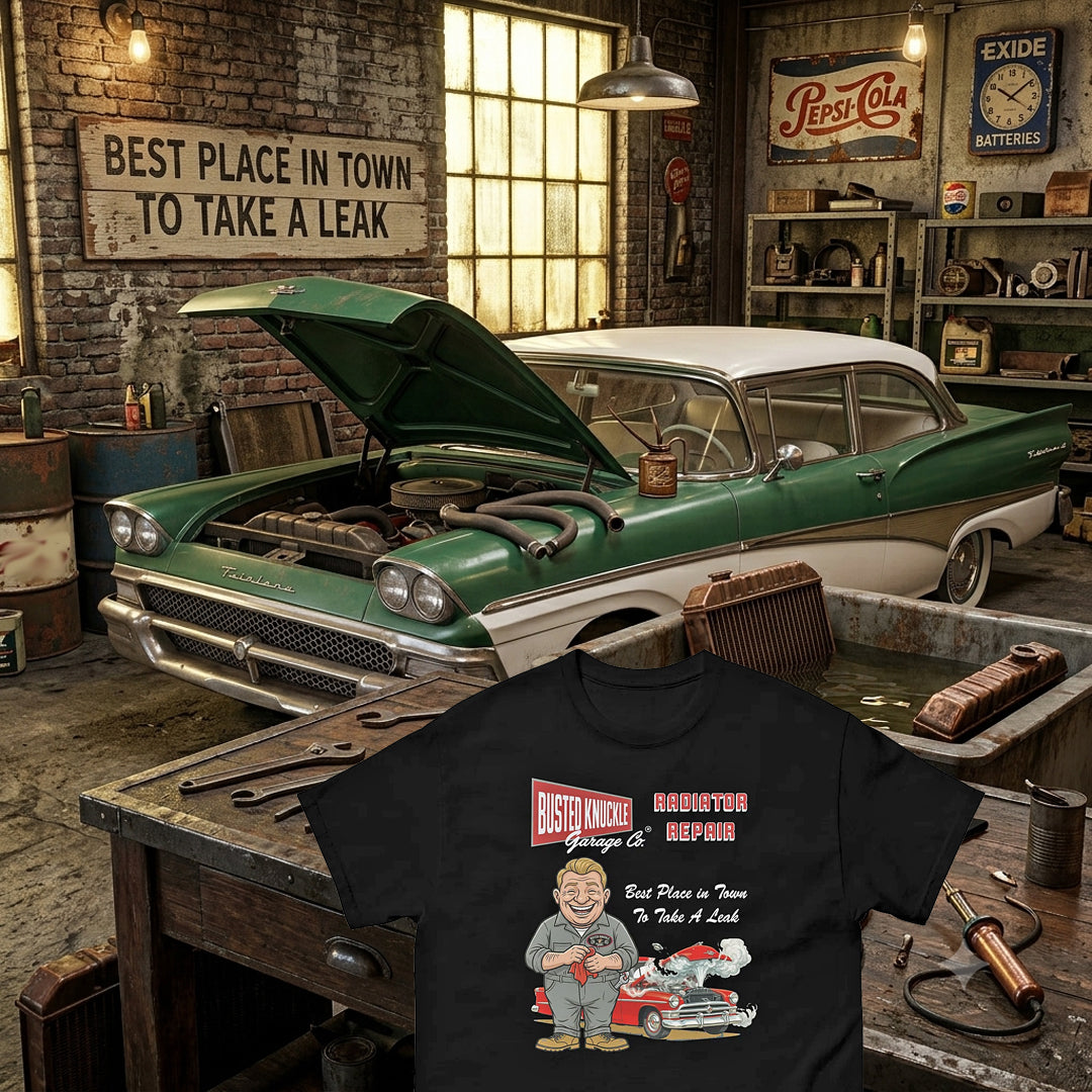 Busted Knuckle Garage Carguy Radiator Repair Shop Front Print T-Shirt