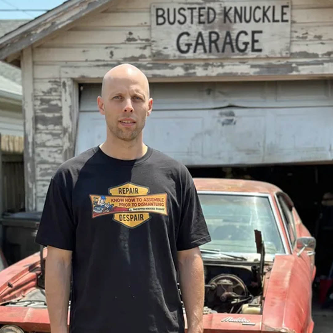 Busted Knuckle Garage Carguy Missing Parts Front Print T-Shirt